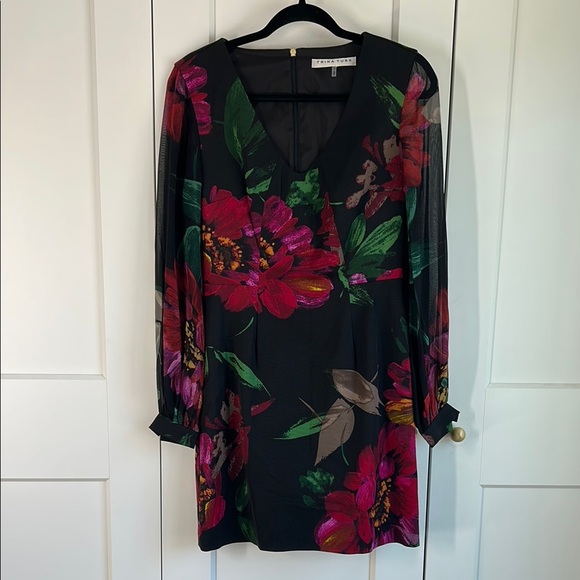Trina Turk Gibb Silk V Neck Black and Pink Floral Long Sleeve Dress | 4 - Picture 3 of 7